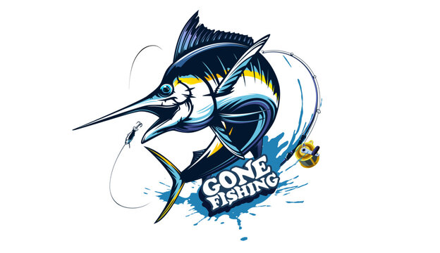 Marlin fishing logo vector; illustration. Swordfish fishing emblem isolated. Ocean fish logo. Saltwater fishing theme.
