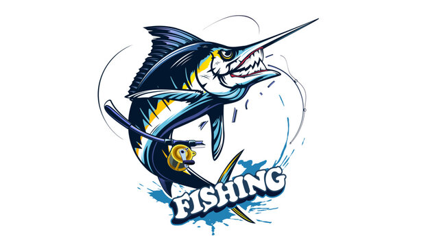Marlin fishing logo vector; illustration. Swordfish fishing emblem isolated. Ocean fish logo. Saltwater fishing theme.