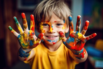 Happy child showing hands covered in paint after painting at art class. Generative Ai image