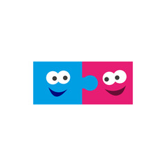 Fototapeta premium Two cartoon puzzle pieces with funny faces joined together.
