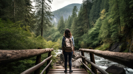 Fototapeta na wymiar A Young Woman in Hiking Gear Walking on a Wooden Bridge in a Conifer Forest
