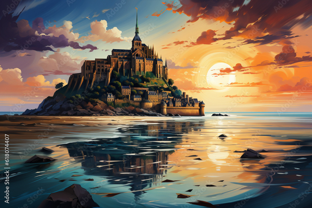 Aufkleber mont saint-michel, incorporating geometric elements, bold brushstrokes, and a vibrant color palette 