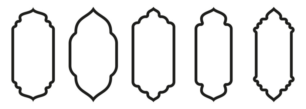 Shape Islamic door and window silhouette Arabic arch. Collection of patterns in oriental style. Frames in Arabic Muslim design for Ramadan Kareem. Vector mosque gate stroke isolated on white.