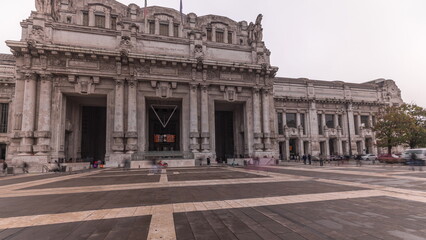 Panorama showing Milano Centrale timelapse - the main central railway station of the city of Milan...