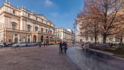 Panorama showing theater La Scala timelapse and a monument to Leonardo da Vinci