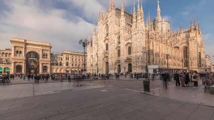 Panorama showing Milan Cathedral and Vittorio Emanuele gallery timelapse.