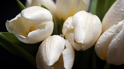 White Tulips flowers with water drops background. Closeup of blossom with glistening droplets. Generative AI