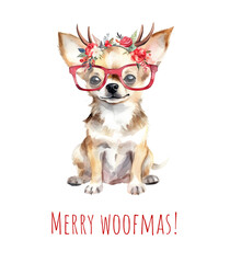 Watercolor Christmas chihuahua. Xmas cute dog in hat, tie and bow. Merry Christmas chihuahua. AI generated.