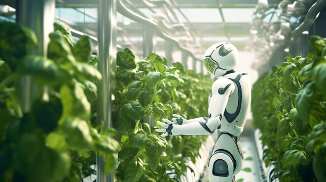 Modern technology hydroponic robot in green house  created with Generative AI 