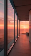 AI generated illustration of an expansive hallway with wide glass windows showcasing a sea at sunset
