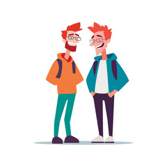 two young boys with backpacks laughing with each other using vector illustration happy friendship day 