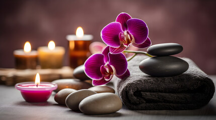 Fototapeta na wymiar spa setting with orchid and candles created with Generative AI 