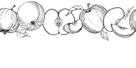 Hand drawn ink apple fruits ripe, full, slices, monochrome vector, detailed outline, leaves Seamless horizontal banner. Isolated on white background Design for wall art, wedding, print, fabric, card.