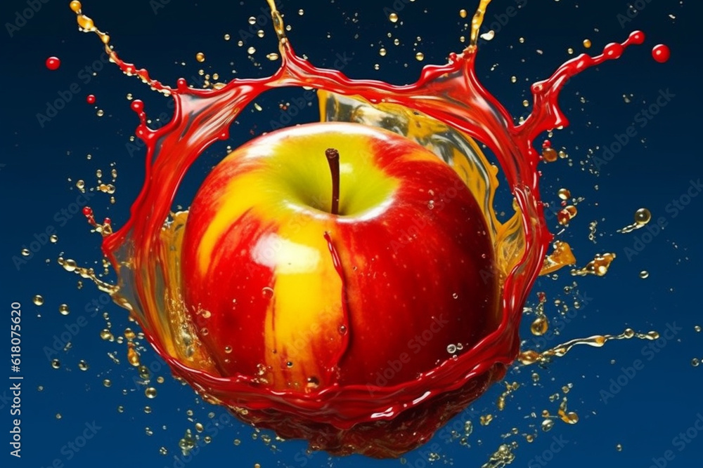 Poster a vibrant photograph apple splashed in bright paint, symbolizing freshness and health. generative ai