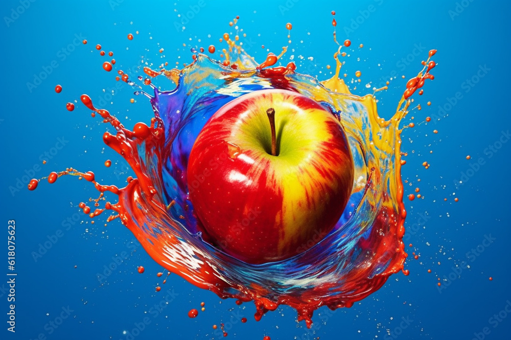 Poster an abstract surreal photograph of a apple splashed in bright paint, symbolizing freshness and health