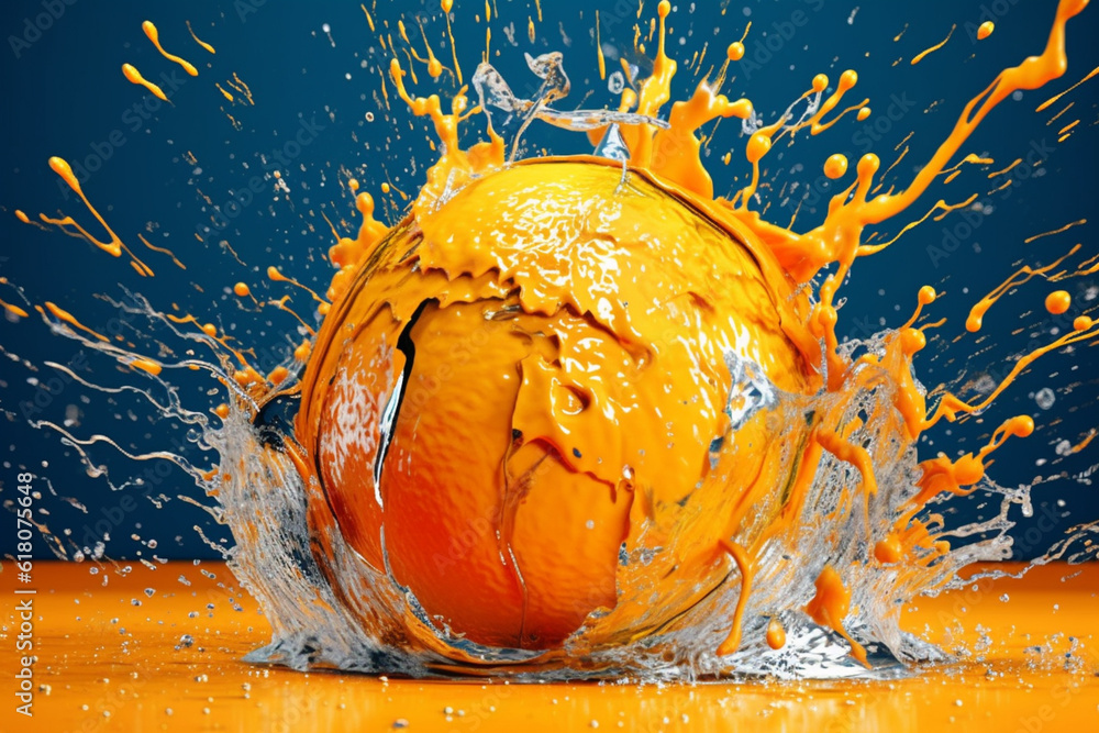 Poster an abstract surreal photograph of a orange splashed in bright paint, symbolizing freshness and healt