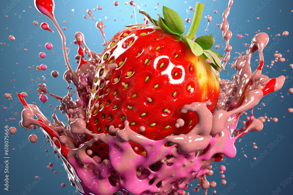 Poster an abstract surreal photograph of a strawberry splashed in bright paint, symbolizing freshness and h