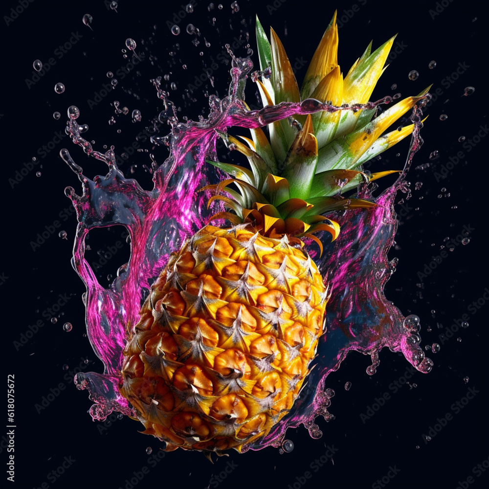 Poster An vibrant image of a Pineapple splashed in bright paint, symbolizing freshness and health.  Generative AI technology.