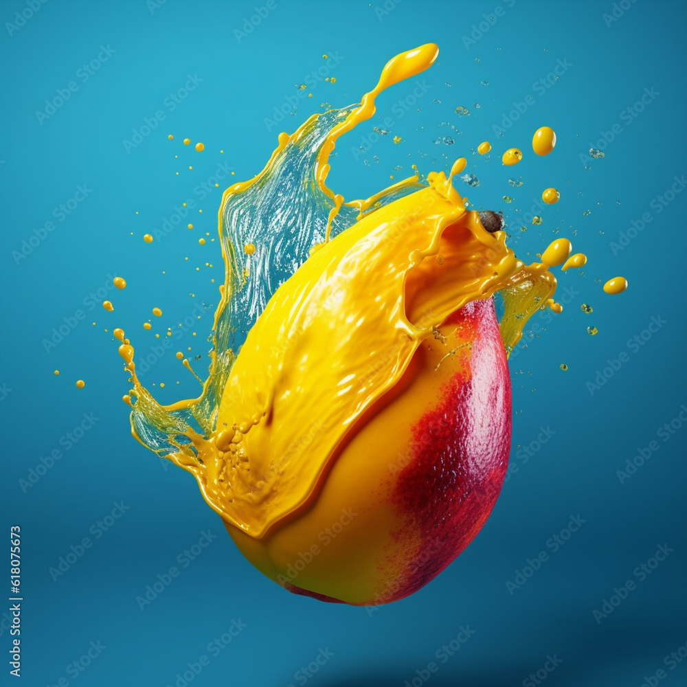 Poster An vibrant image of a Mango splashed in bright paint, symbolizing freshness and health.  Generative AI technology.