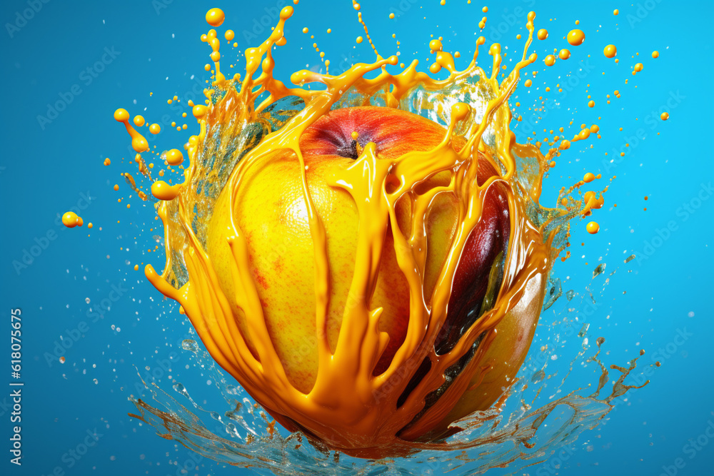 Poster an abstract surreal photograph of a mango splashed in bright paint, symbolizing freshness and health