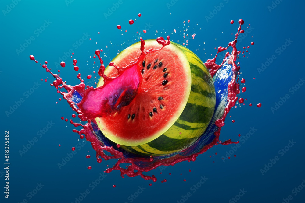 Aufkleber an abstract surreal photograph of a watermelon splashed in bright paint, symbolizing freshness and h