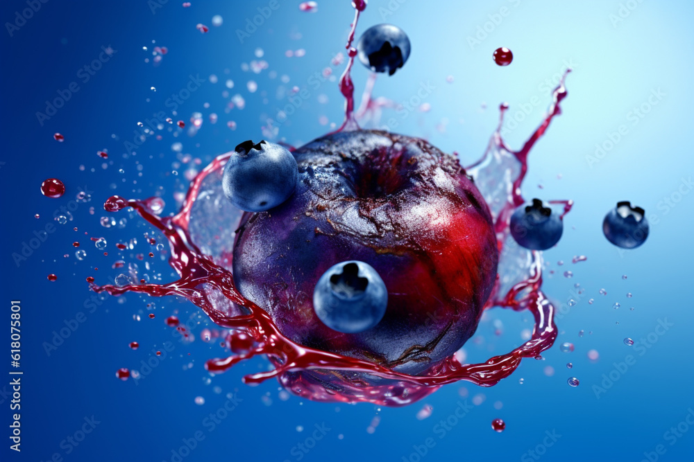 Poster an abstract surreal photograph of a blueberry splashed in bright paint, symbolizing freshness and he