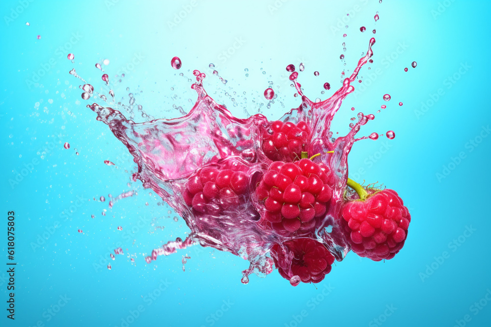 Poster An abstract surreal photograph of a Raspberry splashed in bright paint, symbolizing freshness and health. Generative AI technology.