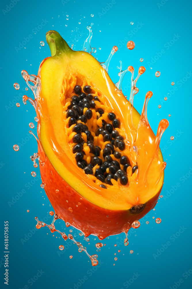 Poster An vibrant image of a Papaya splashed in bright paint, symbolizing freshness and health. Generative AI technology.