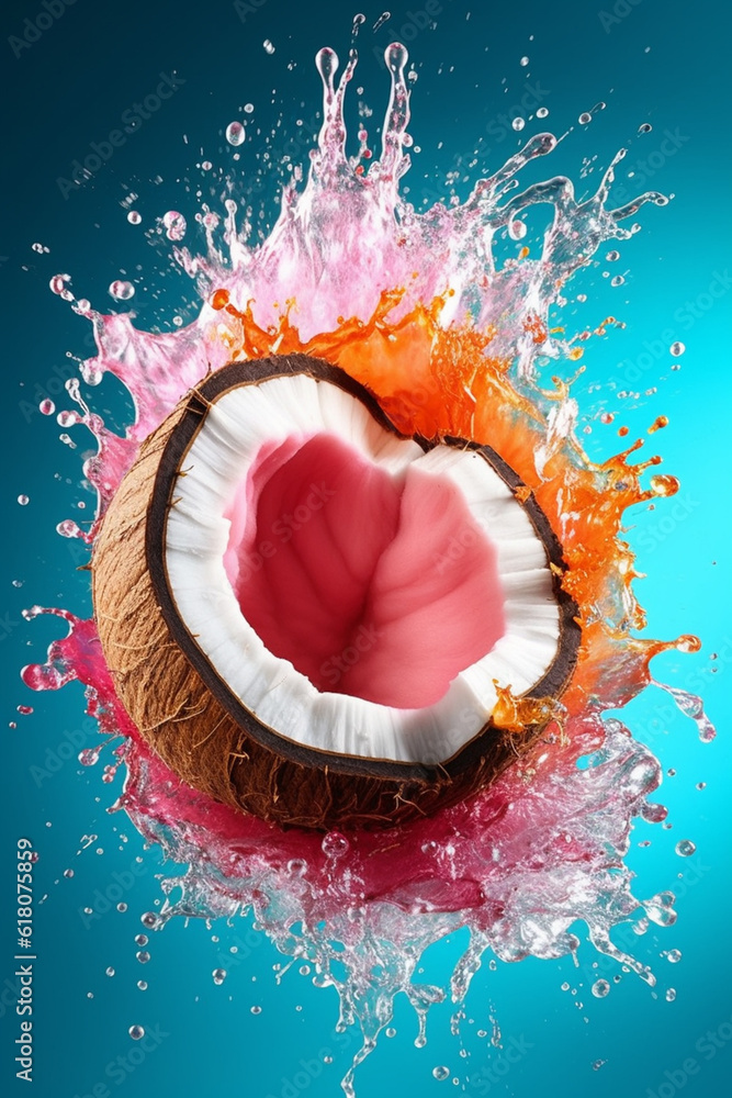 Poster an vibrant image of a coconut splashed in bright paint, symbolizing freshness and health. generative