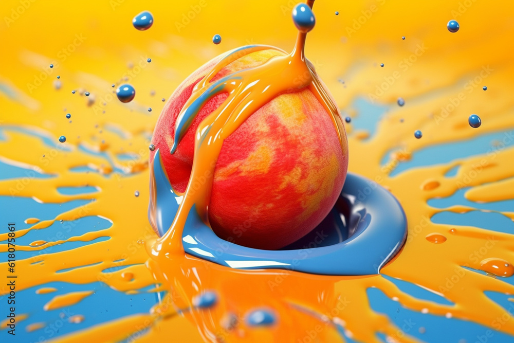 Poster An abstract surreal photograph of a Apricot splashed in bright paint, symbolizing freshness and health.  Generative AI technology.