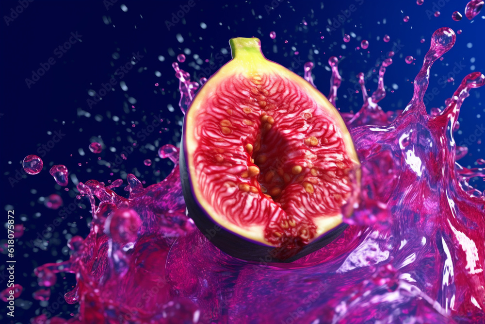 Poster An abstract surreal photograph of a Fig splashed in bright paint, symbolizing freshness and health.  Generative AI technology.