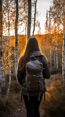 A Young Woman Hiking in a Silver Birch Forest During the Golden Hour