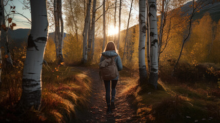 Fototapeta premium A Young Woman Hiking in a Silver Birch Forest During the Golden Hour