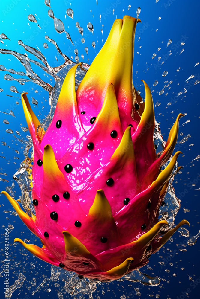 Aufkleber an vibrant image of a dragon fruit splashed in bright paint, symbolizing freshness and health. gener