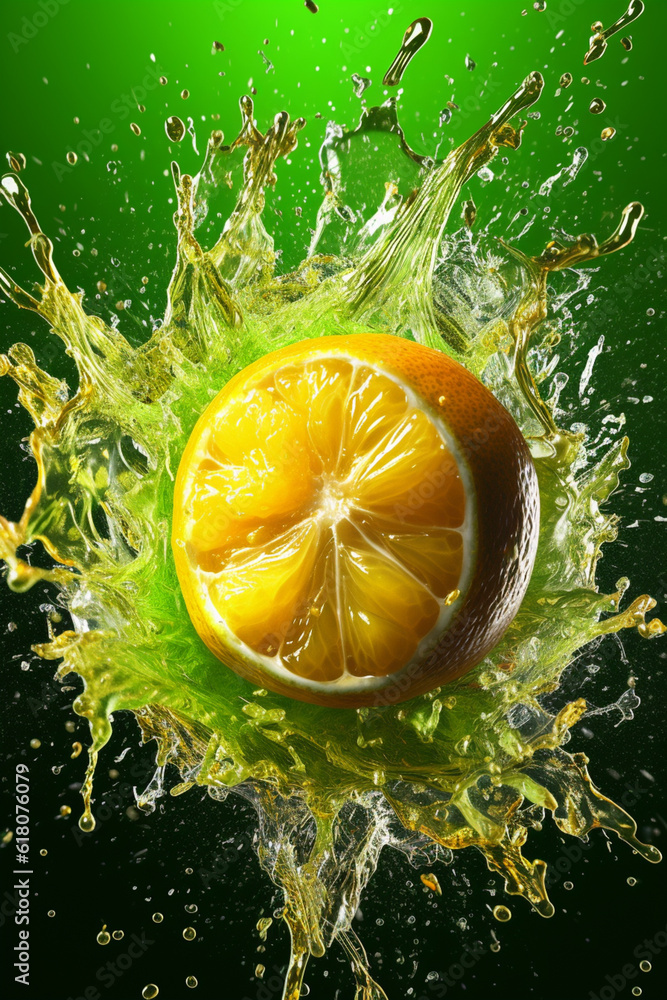 Poster an vibrant image of a lime splashed in bright paint, symbolizing freshness and health. generative ai