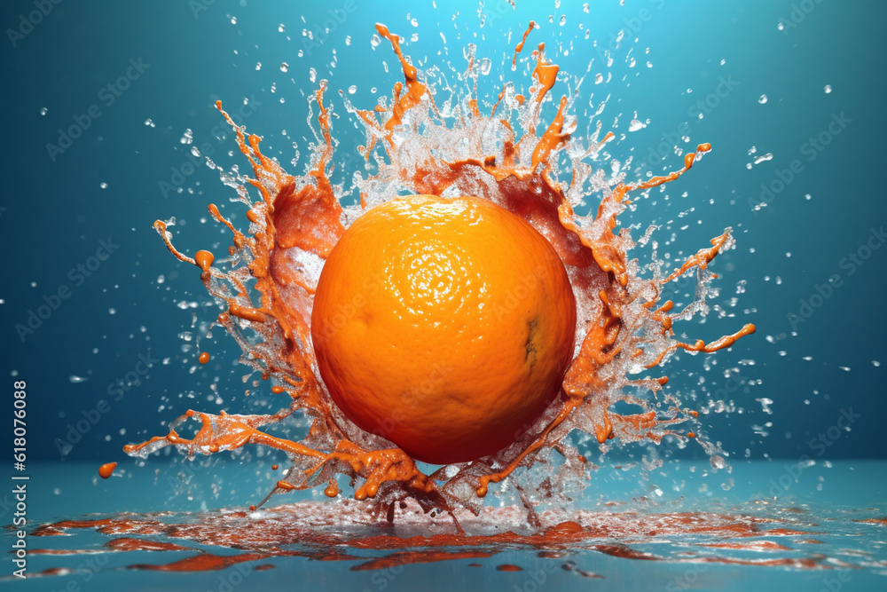 Poster an abstract surreal photograph of a tangerine splashed in bright paint, symbolizing freshness and he