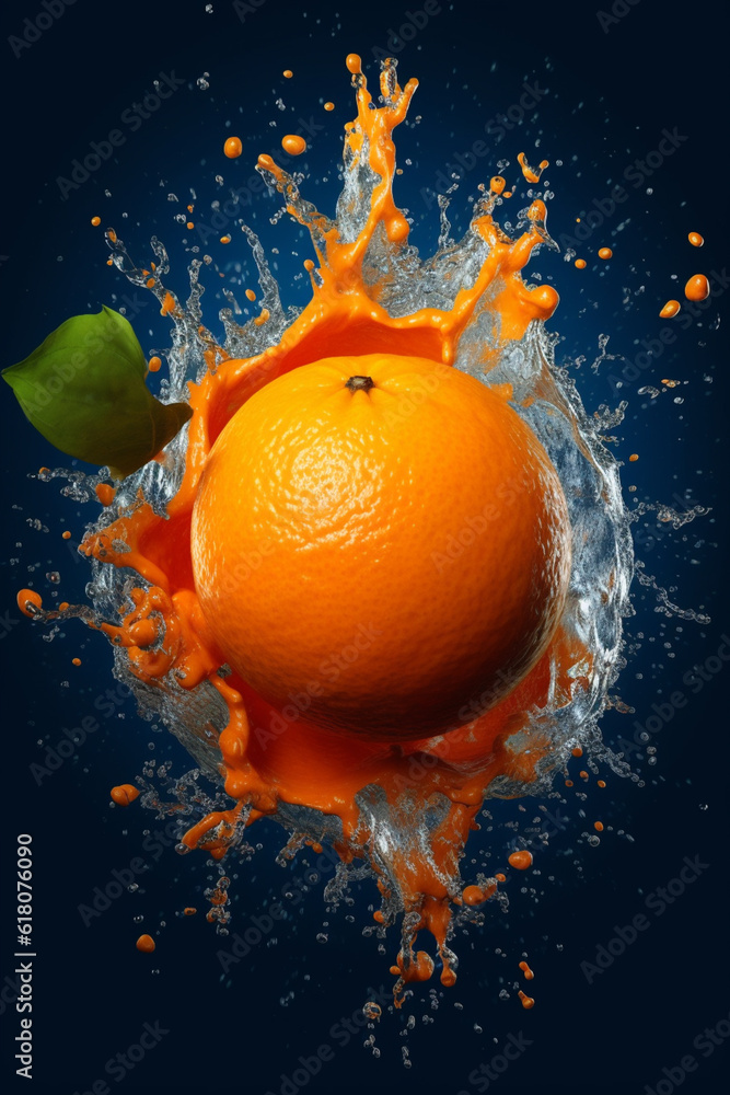 Poster an vibrant image of a tangerine splashed in bright paint, symbolizing freshness and health. generati