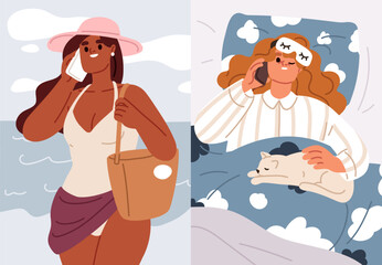 Woman disturbing, waking up sleeping girl friend with mobile phone call in early morning. People talking on smartphone, cellphone in bed at home and at sea beach on holiday. Flat vector illustration