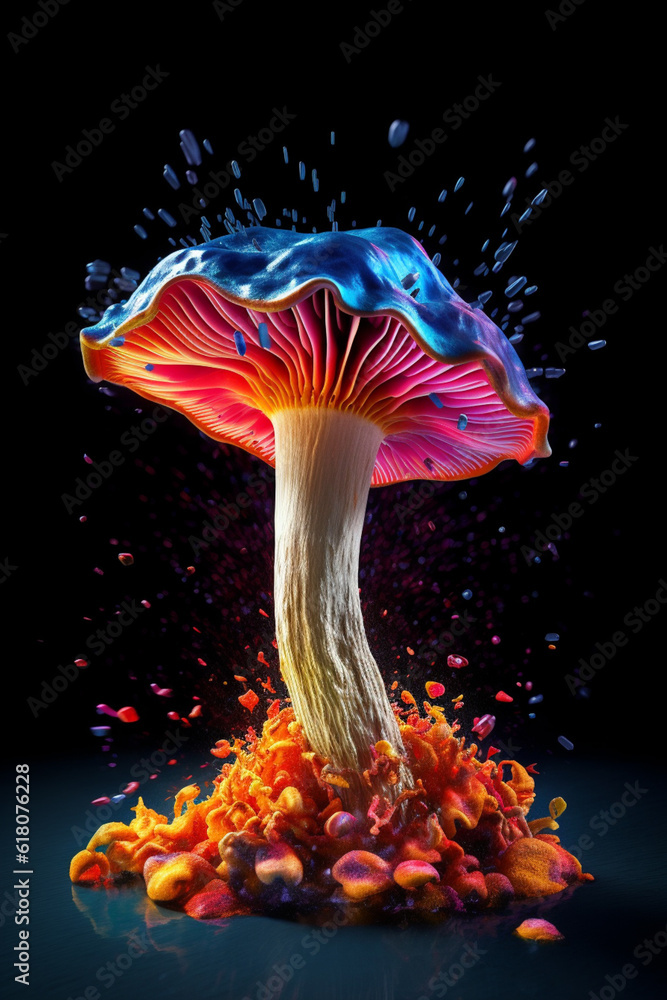 Poster an vibrant image of a psilocybe cubensis (magic mushroom) splashed in bright paint, symbolizing fres