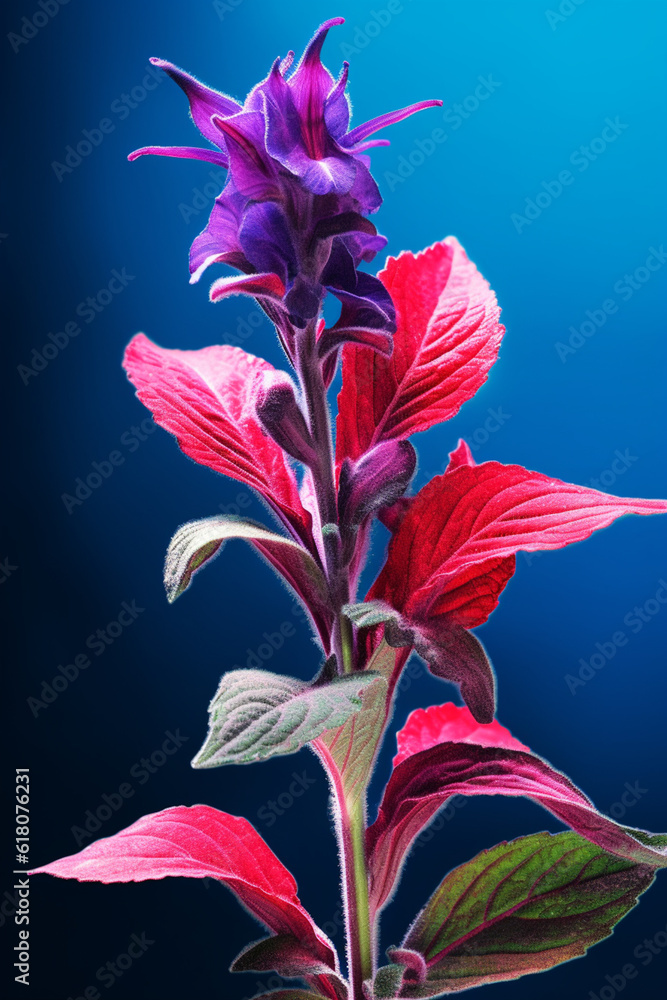 Poster an vibrant image of a salvia divinorum (diviner's sage) splashed in bright paint, generative ai tech