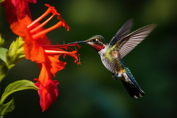 Fototapeta premium Hummingbird in flight, drinks from a flower. Generative AI