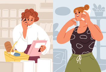 Women friends talking, speaking on mobile phone, cellphone. Busy person with cell, smartphone shopping in grocery store, listening to girl telling, chatting from home. Flat vector illustration