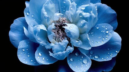 Blue Peony flowers with water drops background. Closeup of blossom with glistening droplets. Generative AI