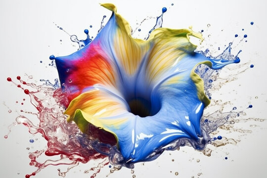 An abstract surreal photograph of a Morning glory (Ipomoea tricolor) splashed in bright paint,  Generative AI technology.