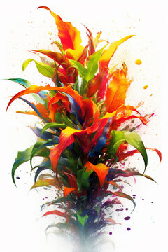 An vibrant image of a Ayahuasca analog plants (Psychotria viridis, Diplopterys cabrerana) splashed in bright paint,  Generative AI technology.