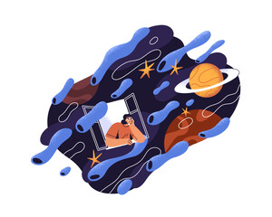 Person watching space miracle, planets. Curious woman looking out of window, exploring cosmos phenomenon, universe wonder. Imagination concept. Flat vector illustration isolated on white background © Good Studio