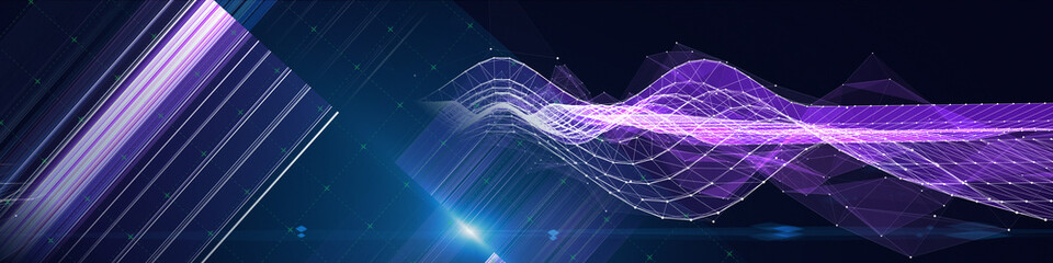 Abstract  background wavy grid  with shines effects on dark. Plexus  wireframe concept  in virtual space. Big Data.  Banner horizontal for business, science and technology data analytics.