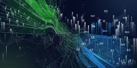 Abstract  background vawy grid  with dots and  blurred lines data on dark.  Big Data. Technology concept chaotic grid.  Banner for business, science and technology data analytics.
