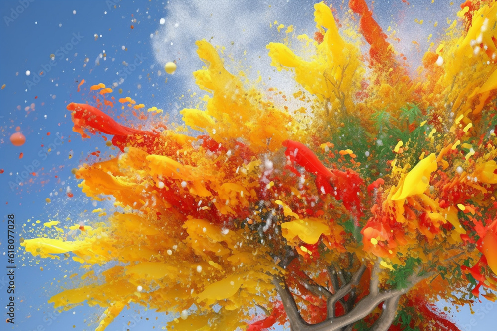 Poster an abstract surreal photograph of a acacia (acacia spp.) splashed in bright paint, generative ai tec