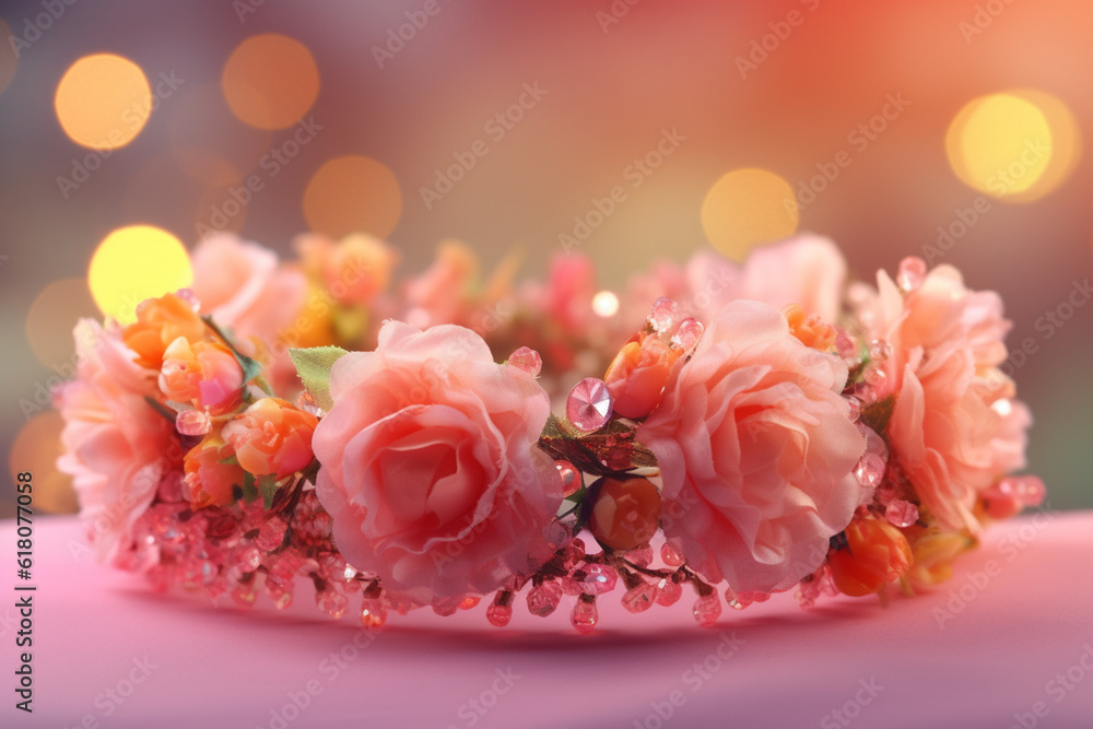 Aufkleber An image of a flower crown made with delicate Rose smooth elegant transparent fabric on bright bokeh background 3d pink and peach colors.  Generative AI technology.
